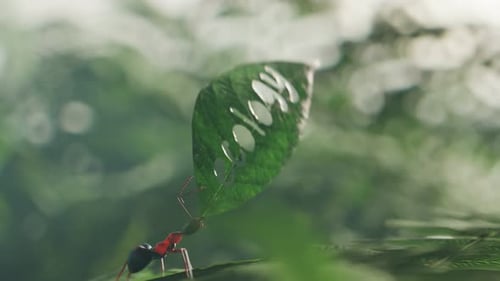 Animation mit einer kleinen braunen Ameise, die ein grünes Blatt mit eingeschnittenem Ökologiewort