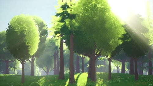 Cartoon Green Forest Landscape with Trees and Flowers