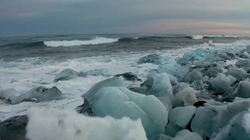 Aerial View of a Diamond Beach and Many Ice Floes. Iceland. Winter 2019