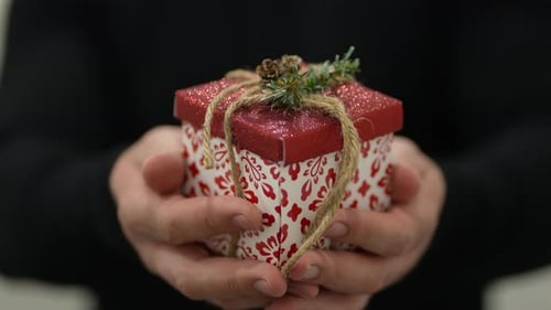 Christmas Gift Held in Hands, Close-Up