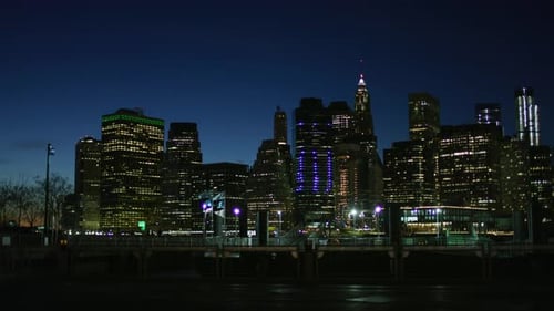 Lower Manhattan skyline at dusk
