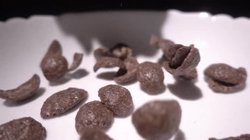 Chocolate Cereal Pieces Falling in Slow Motion