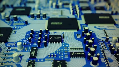 Circuit motherboard with processor and complex electronics, chips, semiconductor