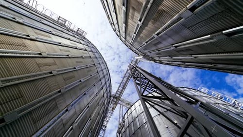 Modern grain terminal. Metal storage tanks for drying grain. Industrial equipment for agribusiness.