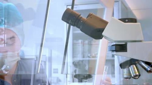 Woman Working with Microscope in Bright Laboratory