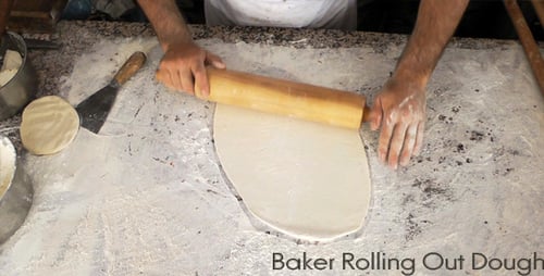 Dough Being Flattened, Rolled, and Stretched