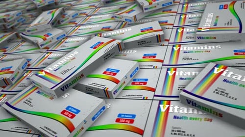 Animated 3D Loop of Vitamin Boxes Promoting Health and Wellness