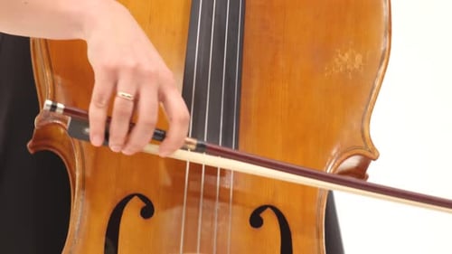 Woman Is Playing the Cello on White Background. Right Female Hand with Ring on Finger. Close Up