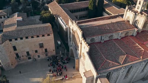 Group Of People Outside Of A Catholic Church