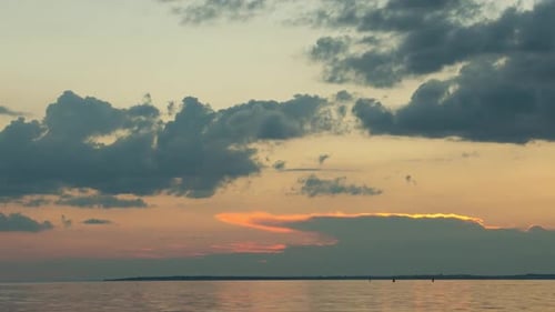 Very Beautiful Orange Sunset Over The River With Clouds, Time Lapse