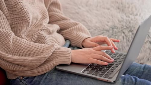 Close Up Unrecognizable Woman Working on Computer Indoors