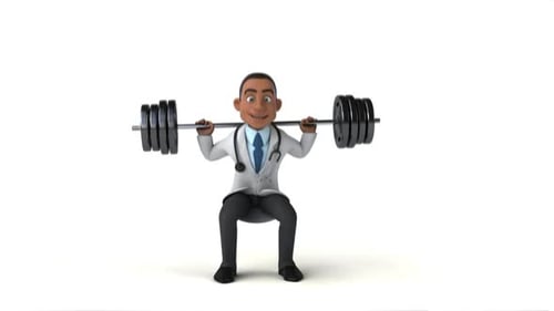 Animated 3D Doctor Character Lifting Weights and Squatting