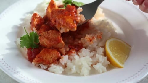 Rice and Chicken with Sauce Being Eaten