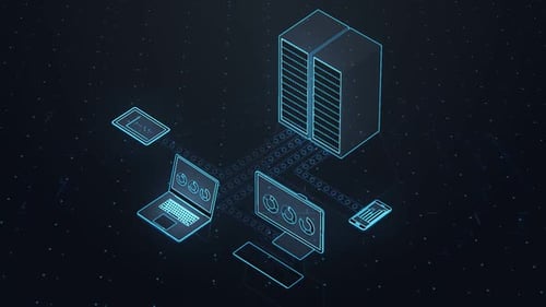 Réseau informatique avec un grand serveur et une tablette, un ordinateur portable, un PC et un smartphone.
