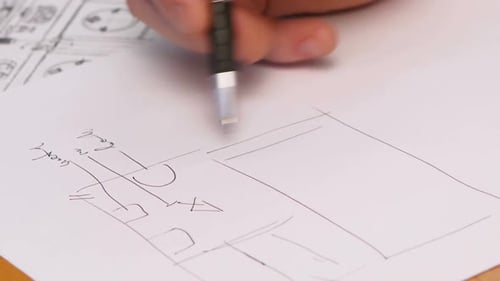 Handzeichnungsplan der Person auf Blaupause. Nahaufnahme