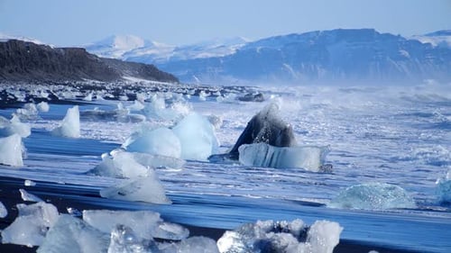 Ocean Waves Washed Icebergs. Global Warming Problem
