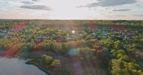 Aerial view roofs of the near a river town houses East Brunswick