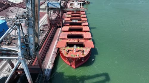 Cranes Unloading Commodities From a Bulk Carrier Ship at Port