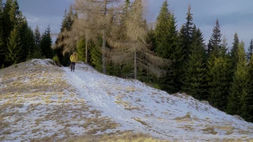 A Man with a Backpack Travels in the Forest in Winter
