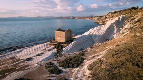 Punta Bianca Sicily Agrigento White Cliffs Coast with Abdonned House in Siclia