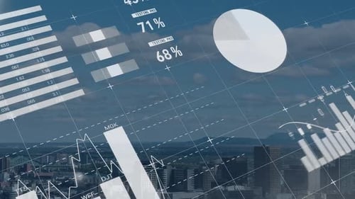 Animation of data processing with city in background