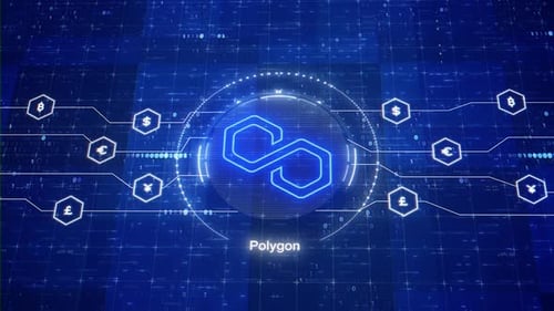 Polygon animated logo. MATIC cryptocurrency. Crypto matic in digital world