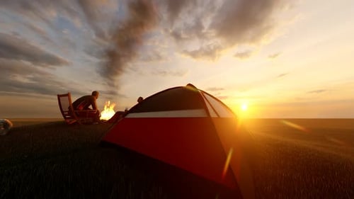 Relaxing Campfire Scene at Sunset with Two People and Tent