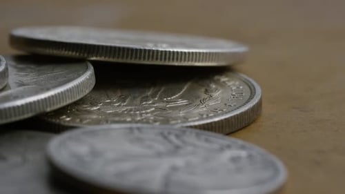 Silver Coins Pile Close Up Macro