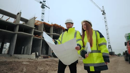 Female Architect and Male Foreman are Walking in Construction Site Discussing Building Plan