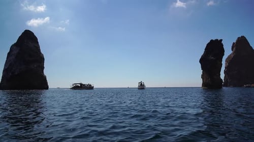 Sea Landscape with Yachts and Rocky Coastline