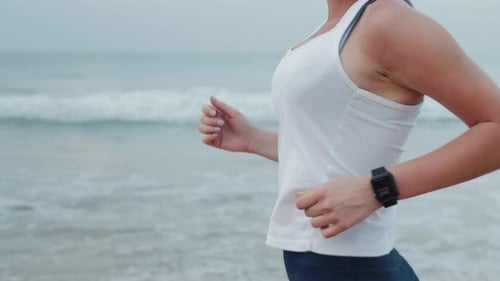 Sport Female Runner Run Wearing Smartwatch with Watchband Blank Black Glass Bent Touchscreen on