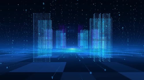 Space Shuttle Of High Rise Buildings In Holographic Digital City