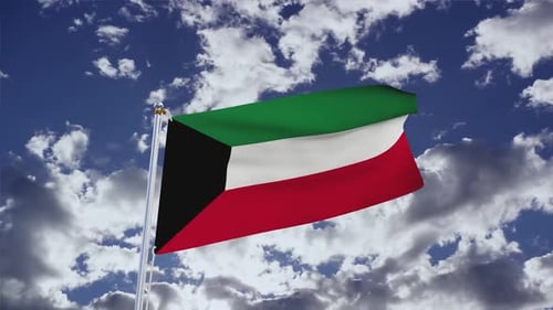Realistic Kuwait Flag Waving Against Blue Sky and Clouds