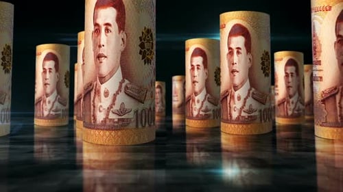 Thai Baht money banknotes rolls seamless loop