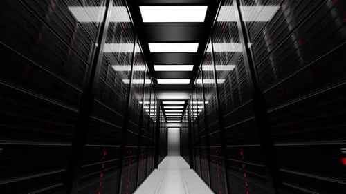 Animación de centros de datos en funcionamiento sin fin. Luces LED rojas brillantes. Se puede enrollar.
HD