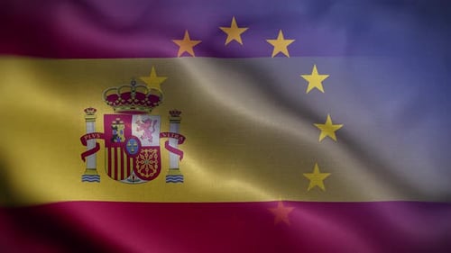 Spain and European Union Flags Waving Seamlessly Together