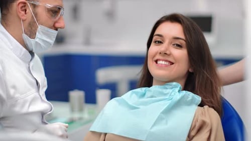 Portrait Female Patient of Dentistry at Stomatology Armchair Medium Close Up Shot on RED Camera
