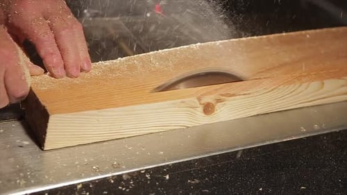 Circular Saw Sawing Wood in a Workshop