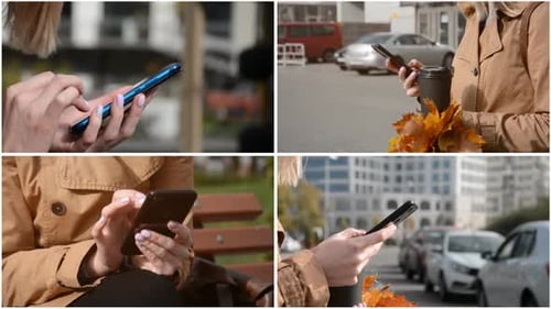 Video Collage of Female Hands with a Phone in Their Hands