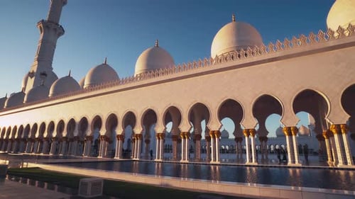 Panoramic View of Sheikh Zayed Grand Mosque, Abu Dhabi, United Arab Emirates (UAE) at Sunset