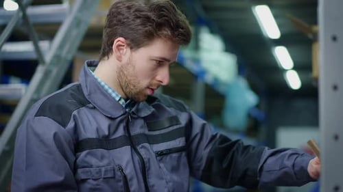 Brunette Mann scannt Barcode auf Pappschachtel mit Scanner im städtischen Industrielager