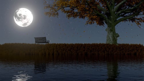 Serene Autumn Night Landscape with Full Moon and Falling Leaves