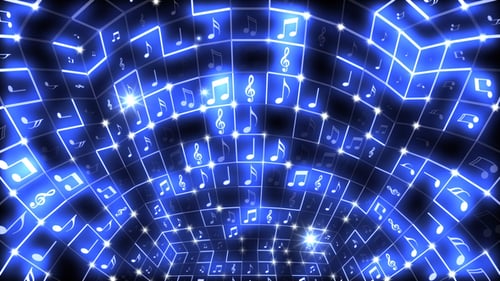 Futuristic Blue Glowing Music Notes Grid Loop Background