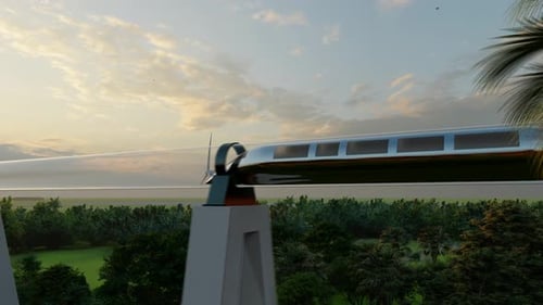 Le train du monorail Maglev Hyperloops à l'intérieur d'un tube de verre se déplace à grande vitesse
