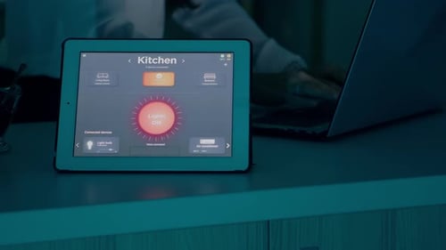 Smart Home Tablet App Control in Kitchen