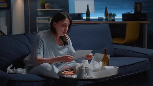 Shocked Alone Woman Receving Eviction Notice Reading Tragic News