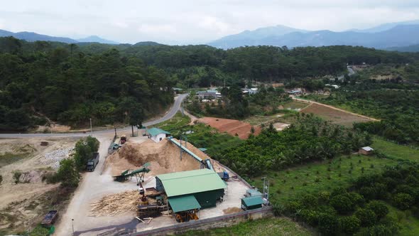 Logging and timber processing place in Vietnam. Aerial circling ...
