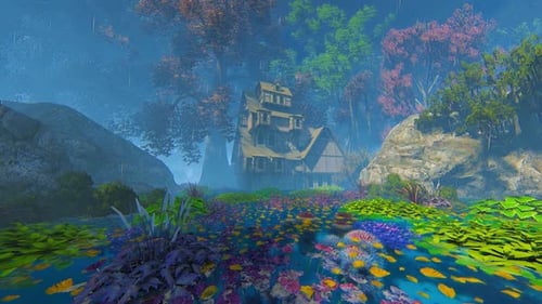 Enchanted Forest House with Rain and Colorful Foliage