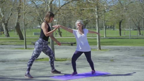 Smiling Senior Woman Practicing Yoga with Trainer in Park