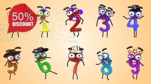 Animated 3D Cartoon Numbers Characters Pack for Looping Countdown